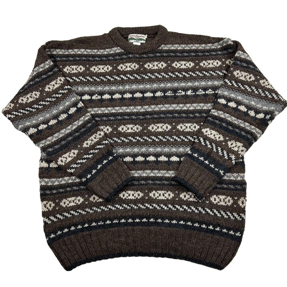 Celtic Country Ireland Wool Knit Sweater Fair Isle Brown Large Heavyweight Ski